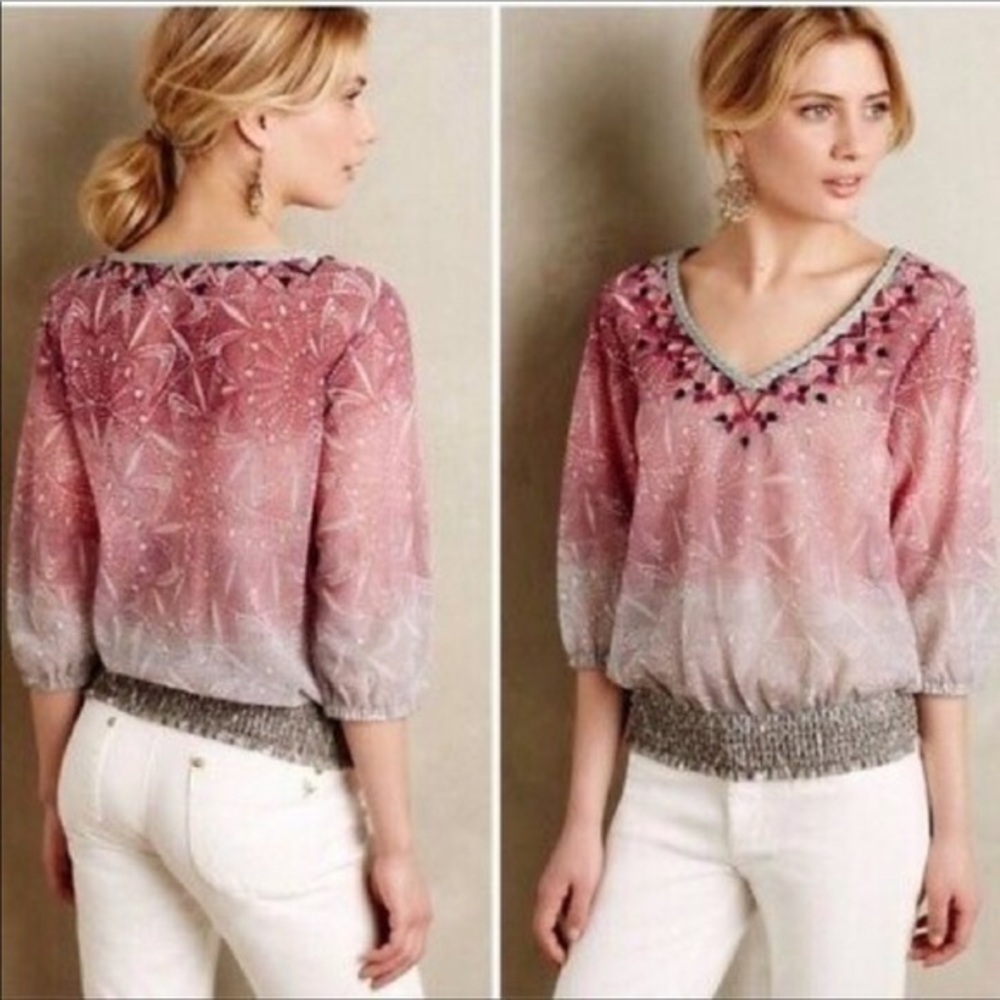 Anthropologie Akemi + Kin Smocked Embroidered Peasant boho top